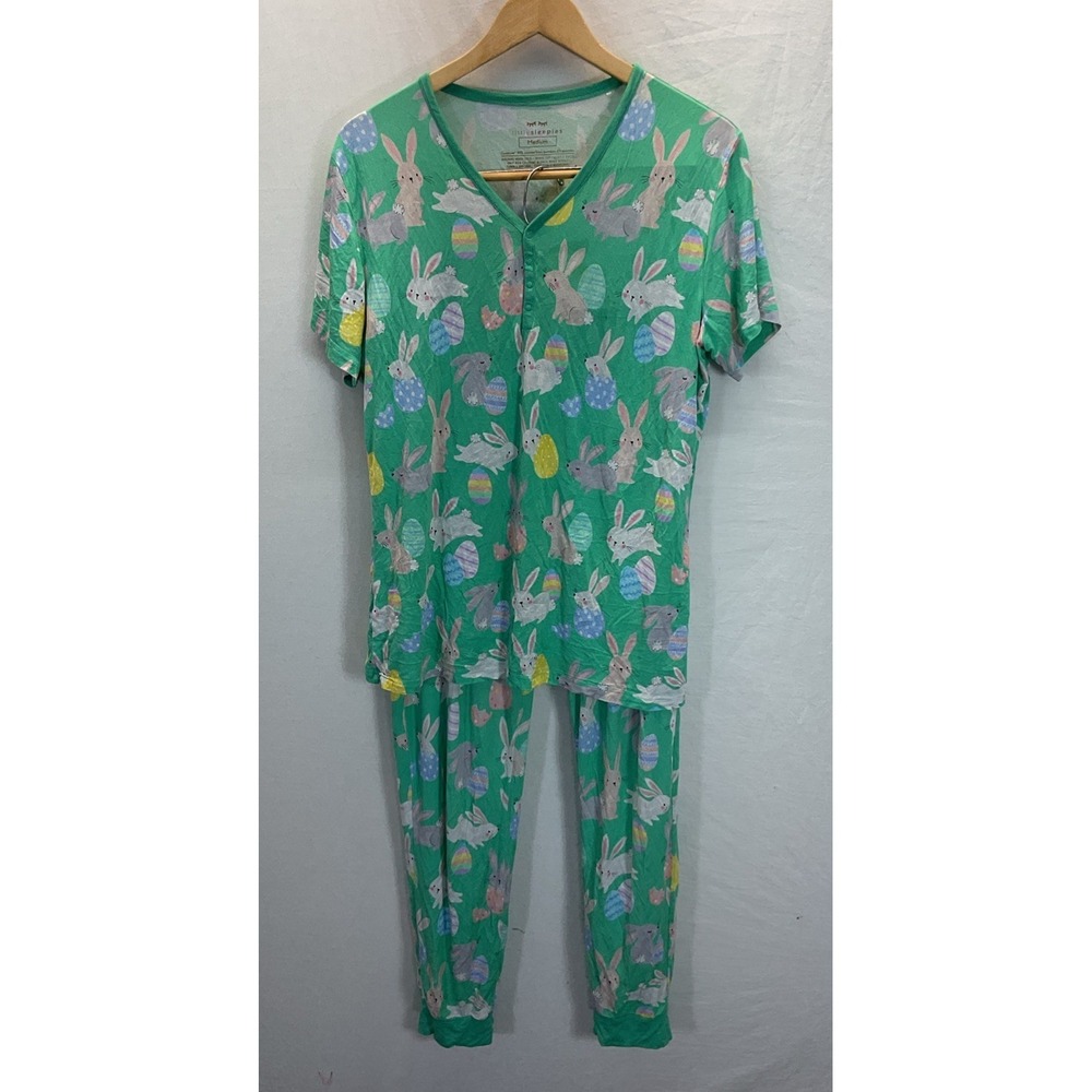 Little sleepies Pajamas Women's M Bamboo Pants Shirt Teal Easter Bunnies Rabbit